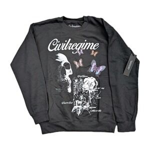 Civil Regime Sweater Sweatshirt Mens Small Black Skull Floral‎ Butterflies New